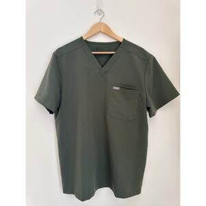 FIGS Leon V-Neck Three Pocket Scrub Top - Olive Green, Large